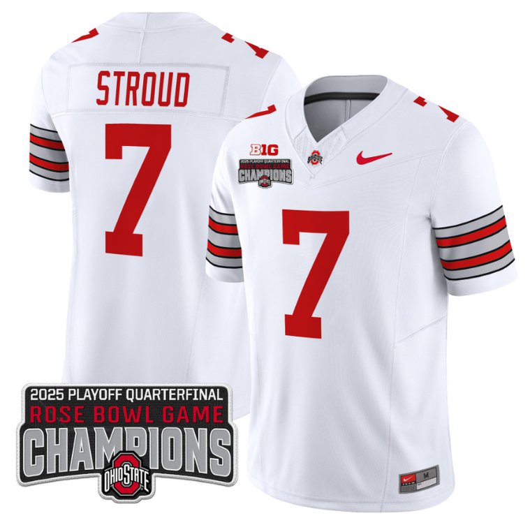 Men's Ohio State Buckeyes #7 CJ Stroud F.U.S.E. 2025 Rose Bowl Champions Patch White Vapor Limited Stitched Jersey