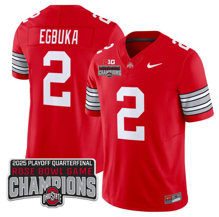 Men's Ohio State Buckeyes #2 Emeka Egbuka F.U.S.E. 2025 Rose Bowl Champions Patch Red Limited Stitched Jersey