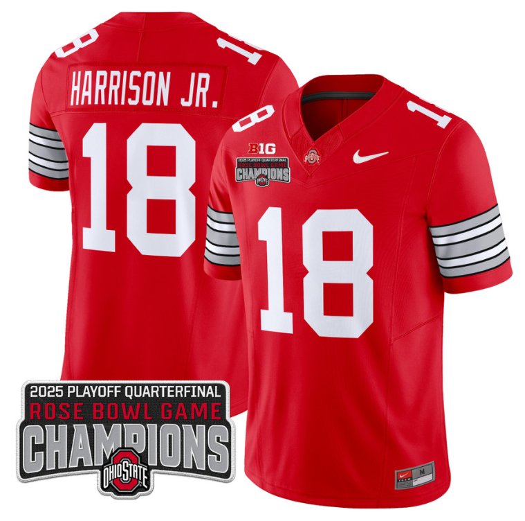 Men's Ohio State Buckeyes #18 Marvin Harrison Jr F.U.S.E. 2025 Rose Bowl Champions Patch Red Vapor Limited Stitched Jersey