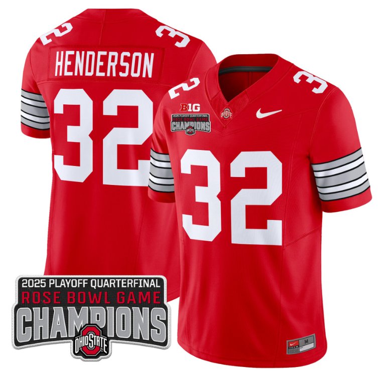 Men's Ohio State Buckeyes #32 Treveyon Henderson F.U.S.E. 2025 Rose Bowl Champions Patch Red Vapor Limited Stitched Jersey