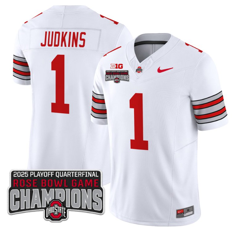 Men's Ohio State Buckeyes #1 Quinshon Judkins F.U.S.E. 2025 Rose Bowl Champions Patch White Vapor Limited Stitched Jersey