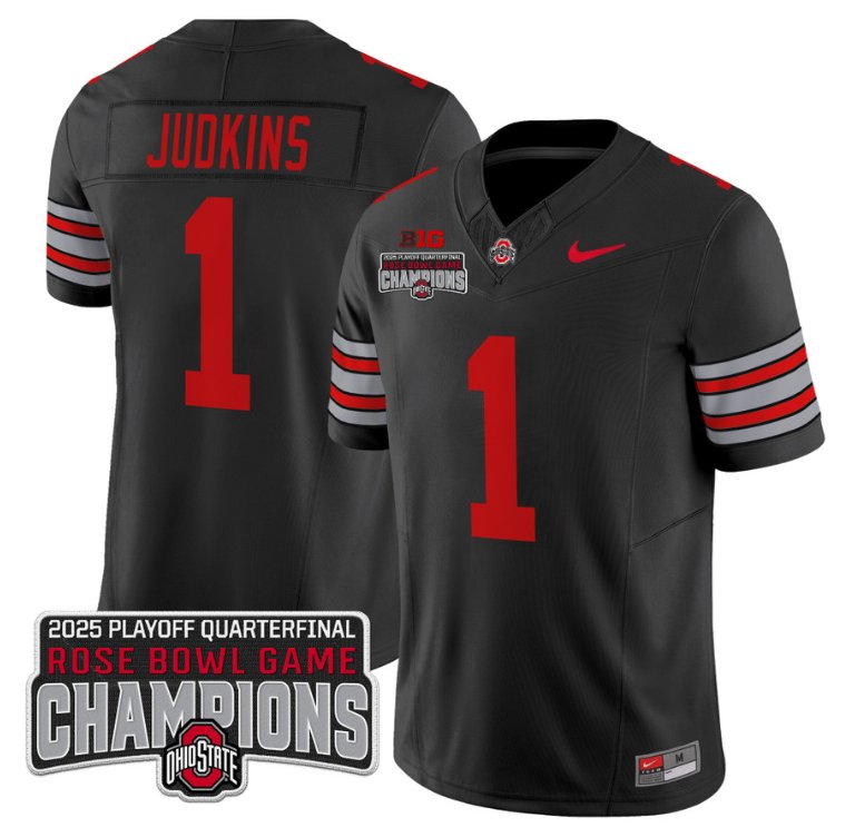 Men's Ohio State Buckeyes #1 Quinshon Judkins F.U.S.E. 2025 Rose Bowl Champions Patch Black Vapor Limited Stitched Jersey