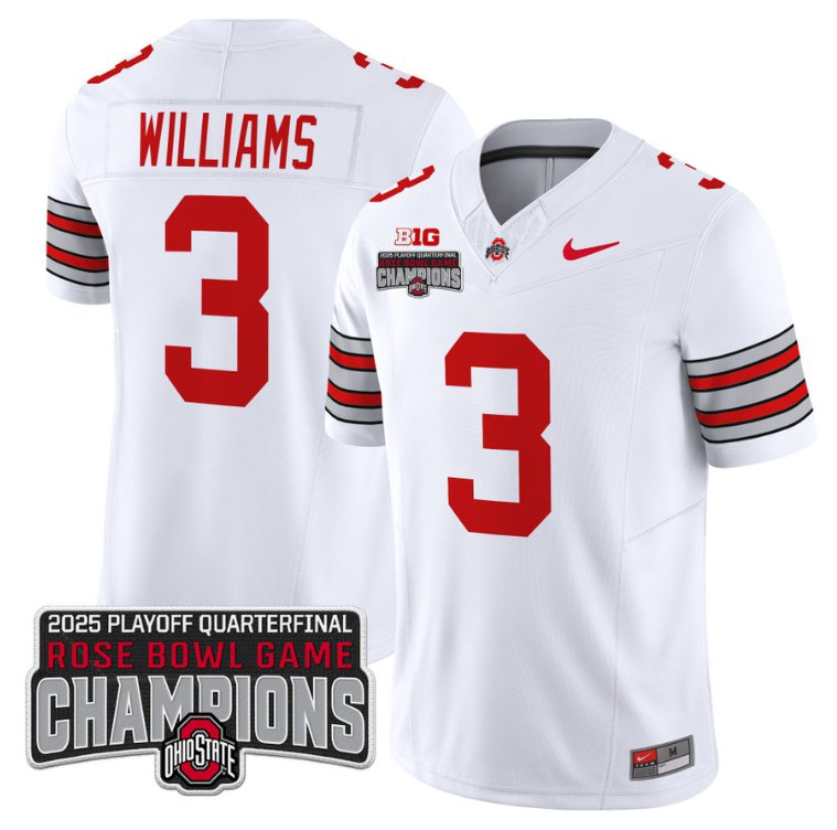 Men's Ohio State Buckeyes #3 Miyan Williams F.U.S.E. 2025 Rose Bowl Champions Patch White Vapor Limited Stitched Jersey