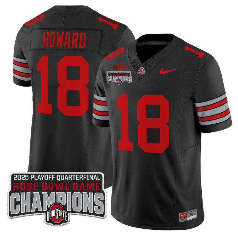 Men's Ohio State Buckeyes #18 Will Howard F.U.S.E. 2025 Rose Bowl Champions Patch Black Vapor Limited Stitched Jersey