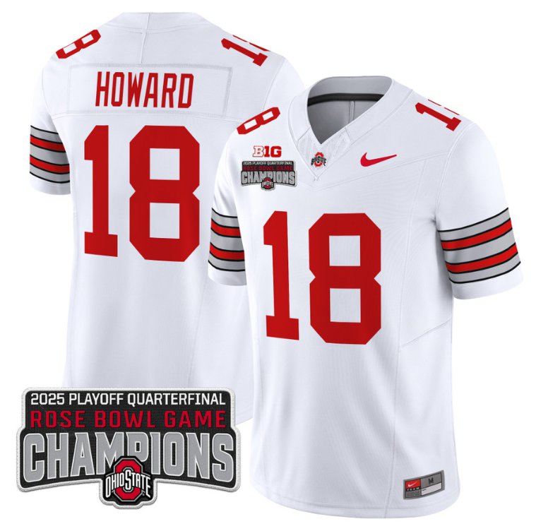 Men's Ohio State Buckeyes #18 Will Howard F.U.S.E. 2025 Rose Bowl Champions Patch White Vapor Limited Stitched Jersey