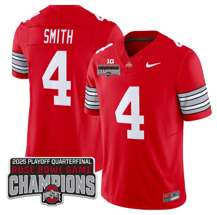 Men's Ohio State Buckeyes #4 Jeremiah Smith F.U.S.E. 2025 Rose Bowl Champions Patch Red Vapor Limited Stitched Jersey