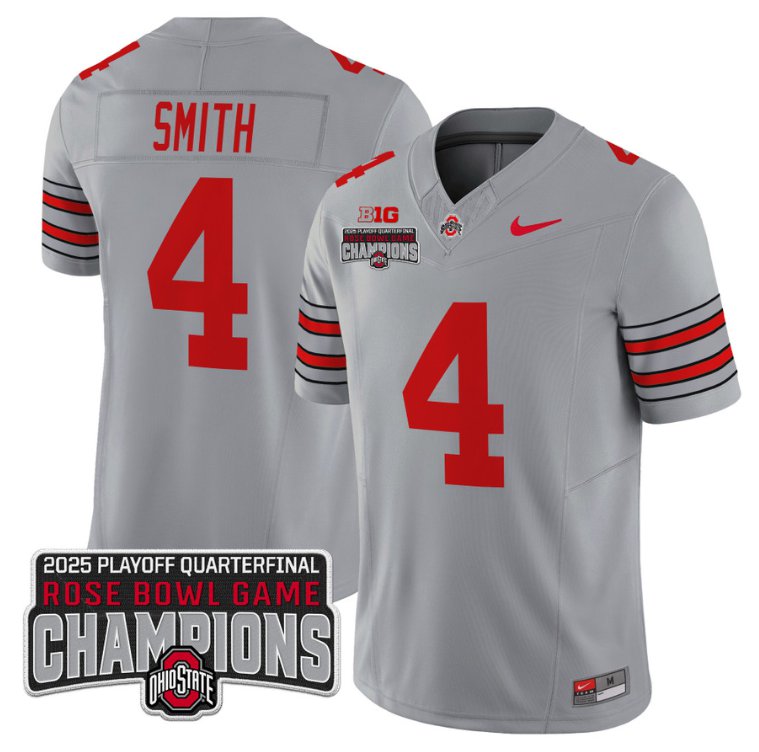 Men's Ohio State Buckeyes #4 Jeremiah Smith F.U.S.E. 2025 Rose Bowl Champions Patch Gray Vapor Limited Stitched Jersey