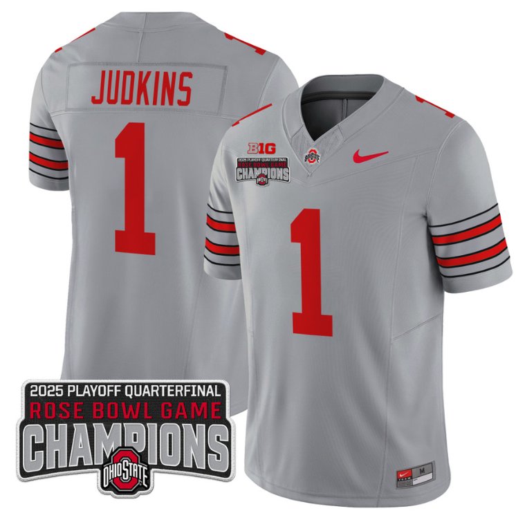 Men's Ohio State Buckeyes #1 Quinshon Judkins F.U.S.E. 2025 Rose Bowl Champions Patch Gray Vapor Limited Stitched Jersey