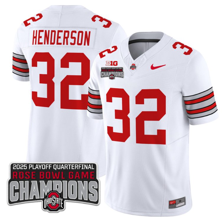 Men's Ohio State Buckeyes #32 Treveyon Henderson F.U.S.E. 2025 Rose Bowl Champions Patch White Vapor Limited Stitched Jersey