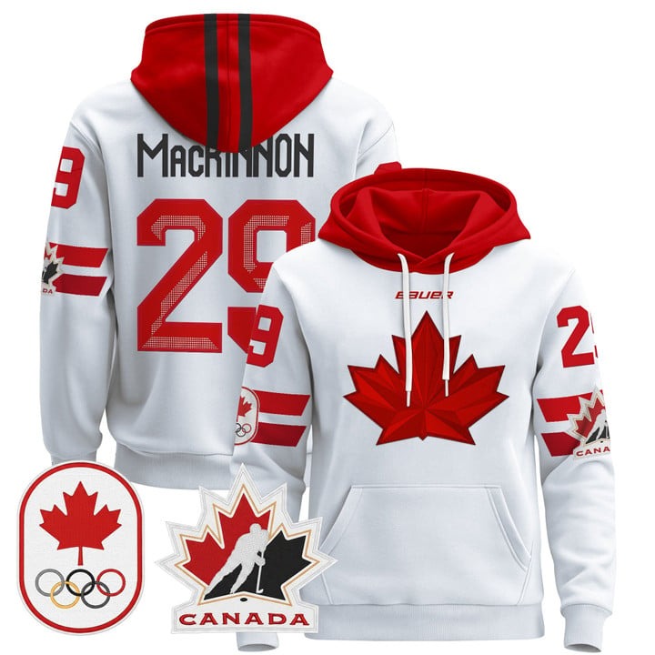 Men's 2026 Olympic Canada #29 Nathan MacKinnon White Stitched Pullover Hoodie