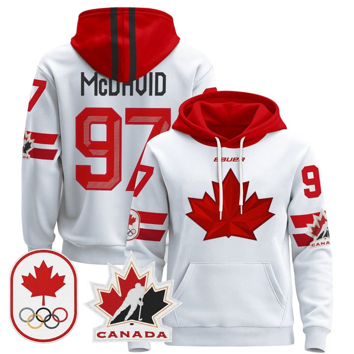 Men's 2026 Olympic Canada #97 Connor McDavid White Stitched Pullover Hoodie
