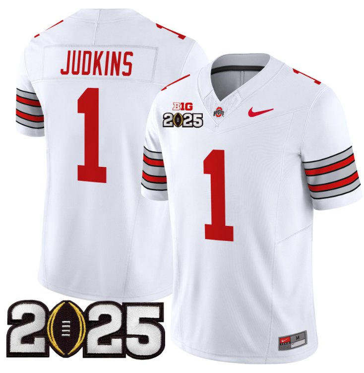 Men's Ohio State Buckeyes #1 Quinshon Judkins F.U.S.E. 'Heritage Stripe' 2025 CFP Final White Vapor Limited Stitched Jersey