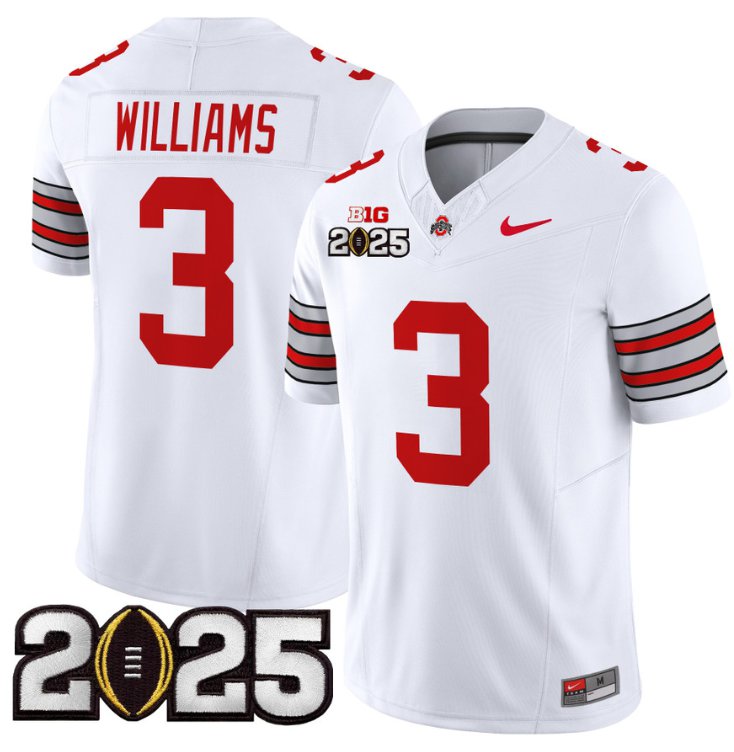 Men's Ohio State Buckeyes #3 Miyan Williams F.U.S.E. 'Heritage Stripe' 2025 CFP Final White Vapor Limited Stitched Jersey