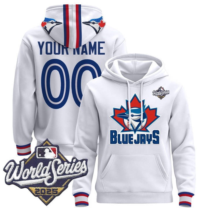 Men's Toronto Blue Jays Custom 2025 World Series Premium Stitched Pullover Hoodie - White