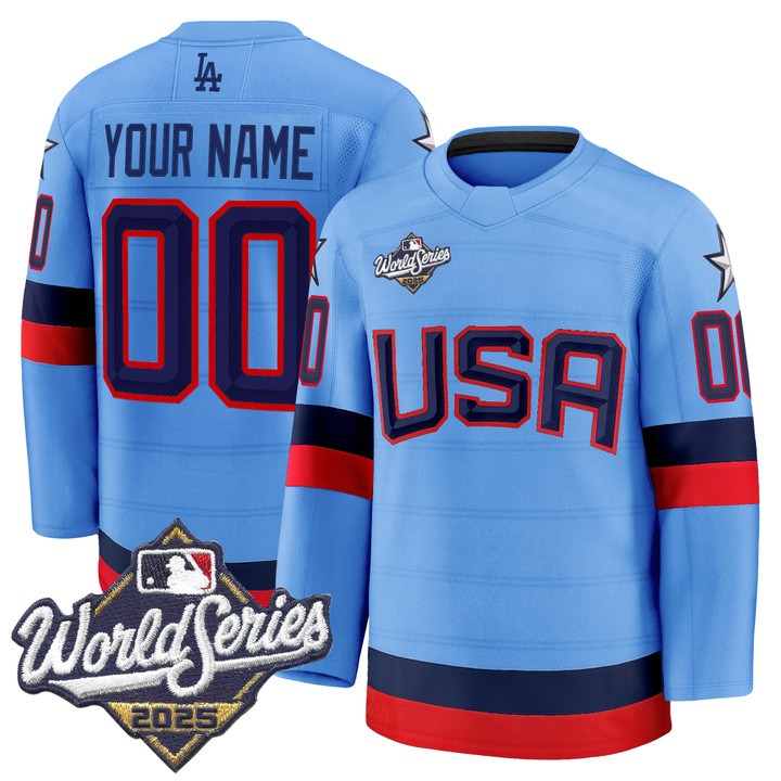 Men's Los Angeles Dodgers Custom 'USA Hockey Style' 2025 World Series Premium Stitched Jersey - Powder Blue