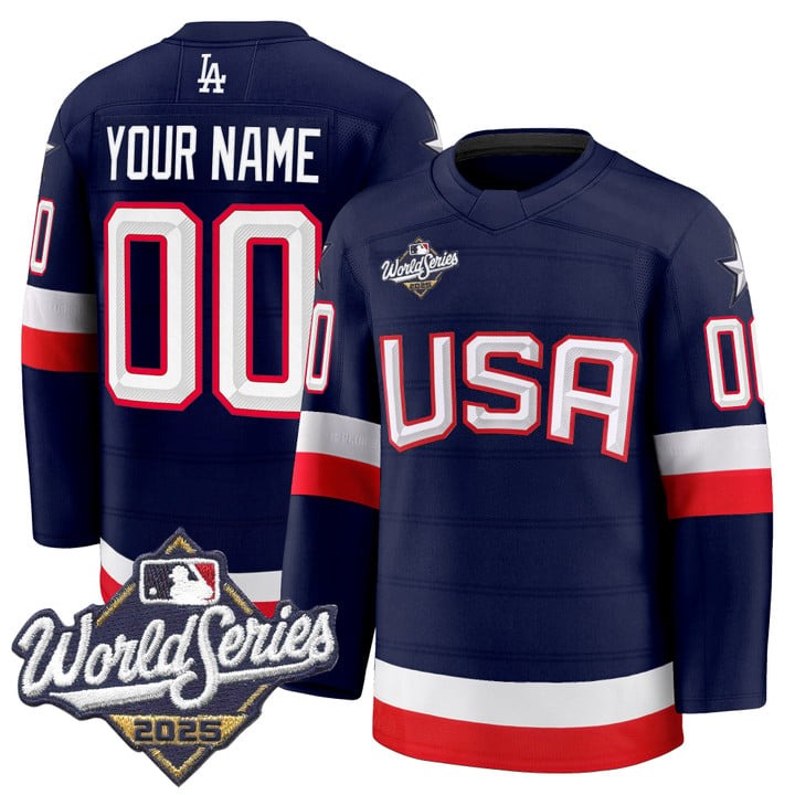 Men's Los Angeles Dodgers Custom 'USA Hockey Style' 2025 World Series Premium Stitched Jersey - Navy