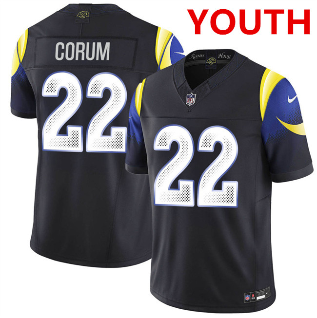 Youth los angeles rams #22 blake corum midnight blue 2025 f.u.s.e. “rivalries” vapor limited stitched football jersey