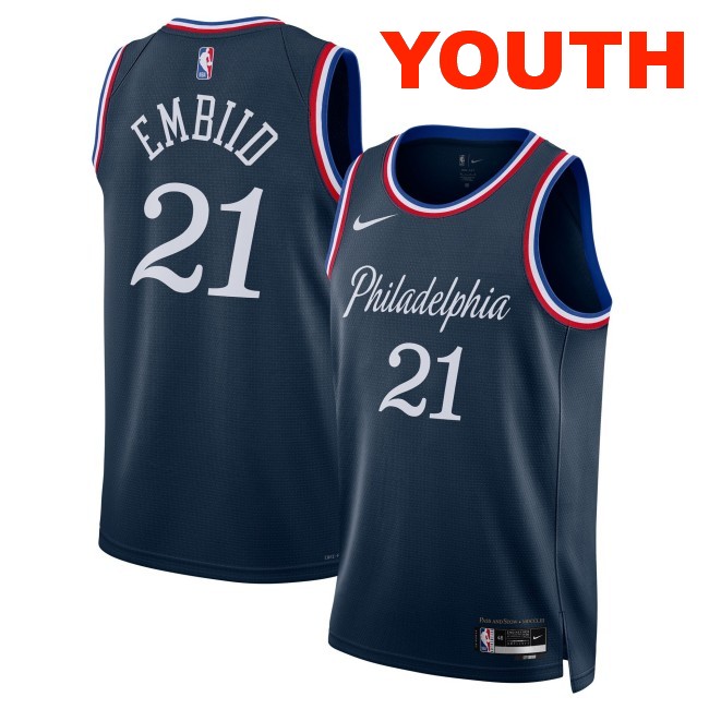 Youth Philadelphia 76ers #21 Joel Embiid Navy 2025-26 City Edition Swingman Stitched Jersey