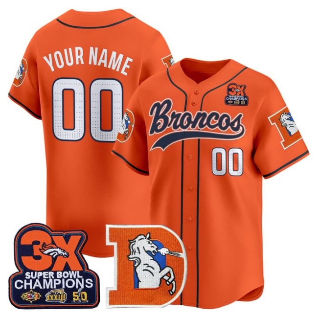 Nike Denver Broncos Custom 2025 Baseball Throwback 3X-SBC Patch Limited Stitched Jersey Orange