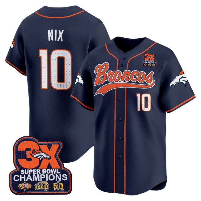 Men's Denver Broncos #10 Bo Nix Navy 2025 Baseball 3X-SBC Patch Nike Limited Stitched Jersey
