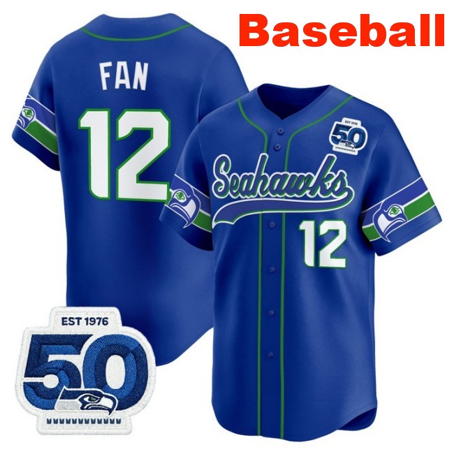 Men's Seattle Seahawks #12 Fan Baseball Royal Throwback Nike Limited Stitched Jersey 50th Anniversary Patch