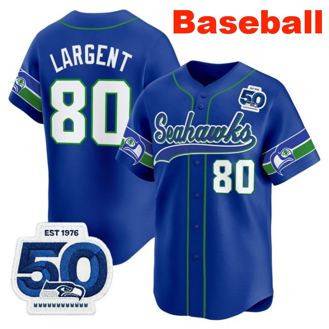 Men's Seattle Seahawks #80 Steve Largent Baseball Royal Throwback Nike Limited Stitched Jersey 50th Anniversary Patch