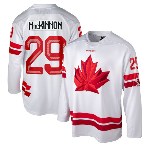 Men's Canada Hockey #29 Nathan MacKinnon White 2026 Stitched Hockey Jersey