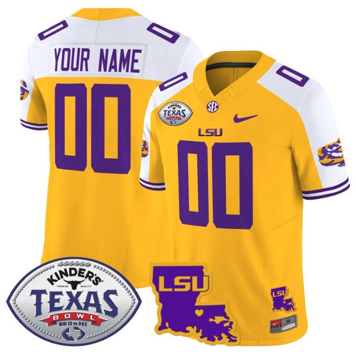 Nike LSU Tigers 2024 Texas Bowl  Louisiana Map Patch FUSE Limited Football Stitched Custom Jersey Gold Alternate