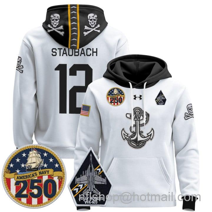 Men's Navy Midshipmen #12 Roger Staubach 'Jolly Rogers Edition' 250th Anniversary Patch Stitched Pullover Hoodie White