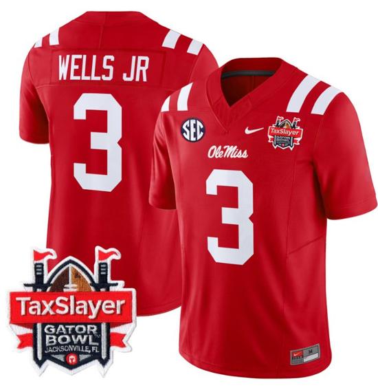 Men's Nike Stitched Antwane Wells Jr Jersey #3 Ole Miss Rebels 2024 Gator Bowl Patch FUSE Limited Football V2 Red