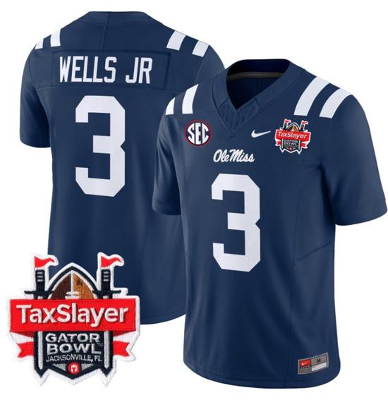 Men's Nike Stitched Antwane Wells Jr Jersey #3 Ole Miss Rebels 2024 Gator Bowl Patch FUSE Limited Football V2 Navy