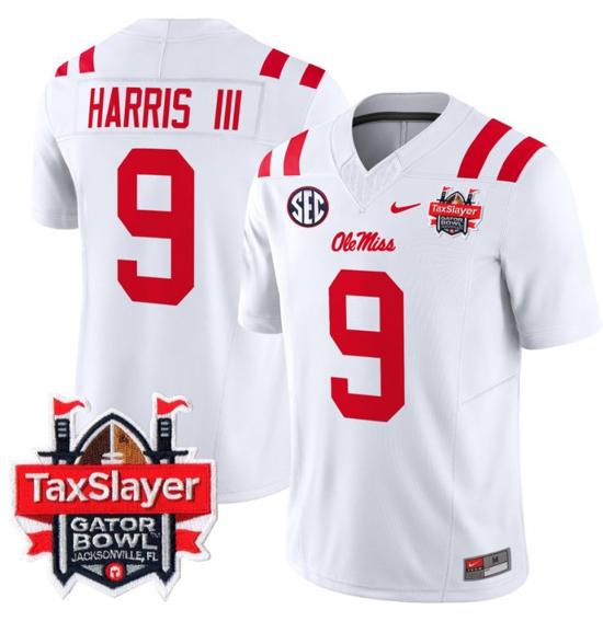 Men's Nike Stitched Tre Harris Jersey #9 Ole Miss Rebels 2024 Gator Bowl Patch FUSE Limited Football V2 White