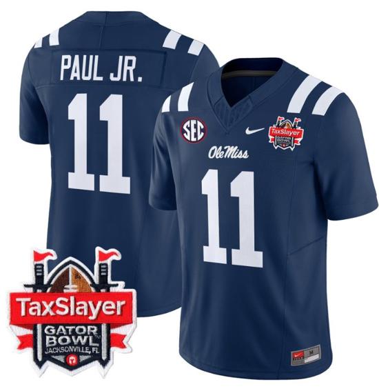 Men's Nike Stitched Chris Paul Jr Jersey #11 Ole Miss Rebels 2024 Gator Bowl Patch FUSE Limited Football V2 Navy