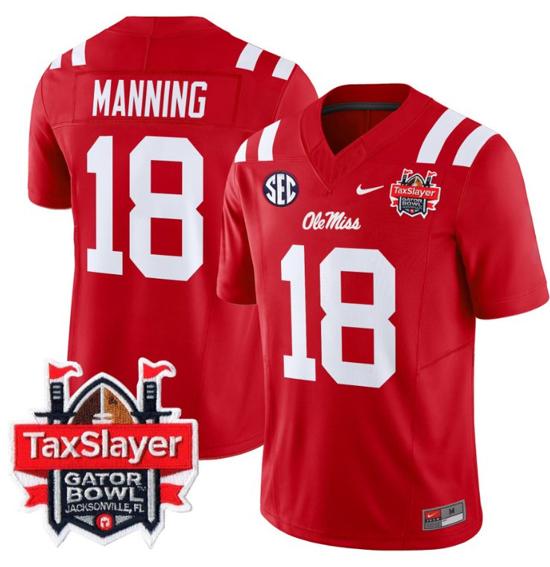 Men's Nike Stitched Archie Manning Jersey #18 Ole Miss Rebels 2024 Gator Bowl Patch FUSE Limited Football V2 Red