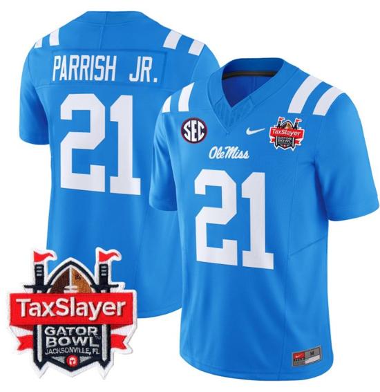 Men's Nike Stitched Henry Parrish Jr Jersey #21 Ole Miss Rebels 2024 Gator Bowl Patch FUSE Limited Football V2 Powder Blue