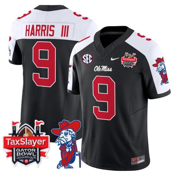 Men's Nike Stitched Tre Harris Jersey #9 Ole Miss Rebels 2024 Gator Bowl Patch FUSE Limited Football V2 Black Alternate