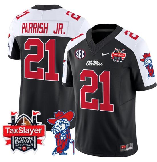 Men's Nike Stitched Henry Parrish Jr Jersey #21 Ole Miss Rebels 2024 Gator Bowl Patch FUSE Limited Football V2 Black Alternate