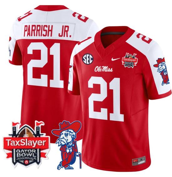 Men's Nike Stitched Henry Parrish Jr Jersey #21 Ole Miss Rebels 2024 Gator Bowl Patch FUSE Limited Football V2 Red Alternate