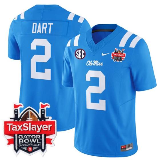 Men's Nike Stitched Jaxson Dart Jersey #2 Ole Miss Rebels 2024 Gator Bowl Patch FUSE Limited Football V2 Powder Blue