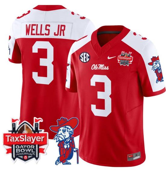 Men's Nike Stitched Antwane Wells Jr Jersey #3 Ole Miss Rebels 2024 Gator Bowl Patch FUSE Limited Football V2 Red Alternate