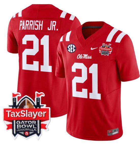 Men's Nike Stitched Henry Parrish Jr Jersey #21 Ole Miss Rebels 2024 Gator Bowl Patch FUSE Limited Football V2 Red