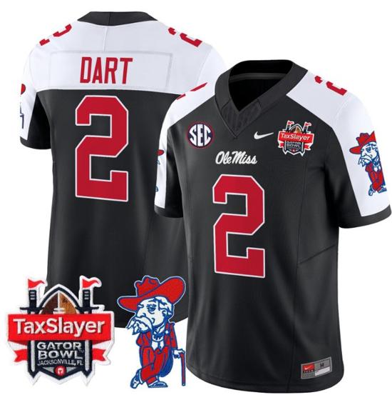 Men's Nike Stitched Jaxson Dart Jersey #2 Ole Miss Rebels 2024 Gator Bowl Patch FUSE Limited Football V2 Black Alternate