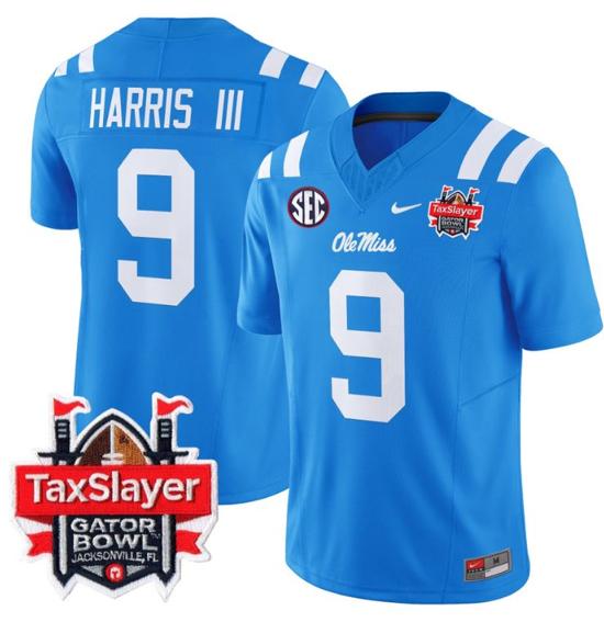 Men's Nike Stitched Tre Harris Jersey #9 Ole Miss Rebels 2024 Gator Bowl Patch FUSE Limited Football V2 Powder Blue