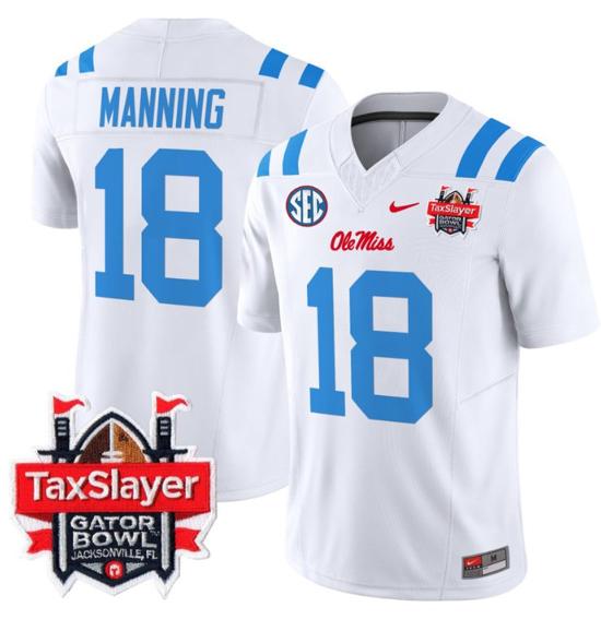 Men's Nike Stitched Archie Manning Jersey #18 Ole Miss Rebels 2024 Gator Bowl Patch FUSE Limited Football V2 2024 White