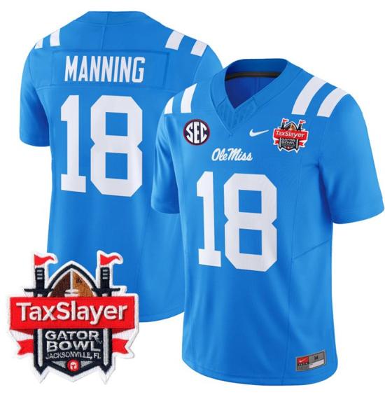 Men's Nike Stitched Archie Manning Jersey #18 Ole Miss Rebels 2024 Gator Bowl Patch FUSE Limited Football V2 Powder Blue