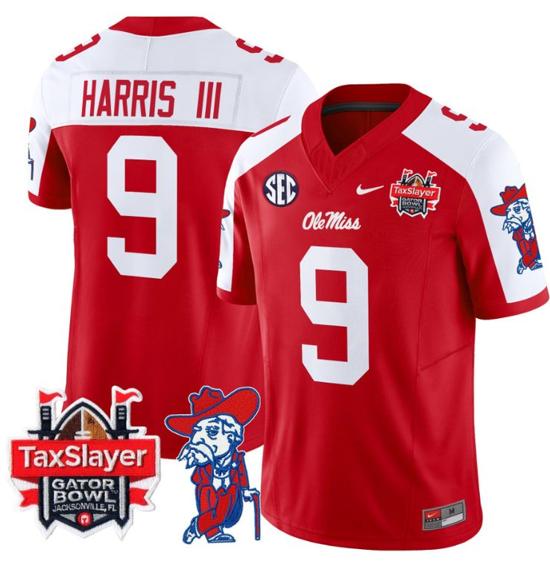 Men's Nike Stitched Tre Harris Jersey #9 Ole Miss Rebels 2024 Gator Bowl Patch FUSE Limited Football V2 Red Alternate