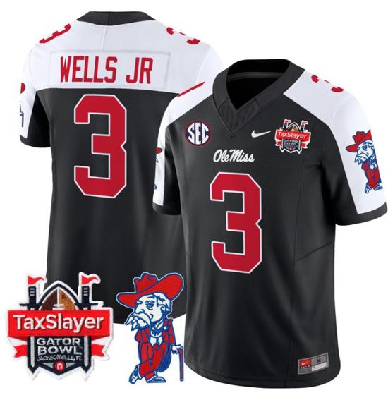 Men's Nike Stitched Antwane Wells Jr Jersey #3 Ole Miss Rebels 2024 Gator Bowl Patch FUSE Limited Football V2 Black Alternate