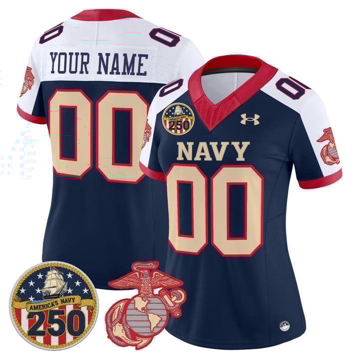 Women's Navy Midshipmen Vapor USMC Premier Custom Stitched football Jersey - 250th Anniversary Patch - Navy Alternate