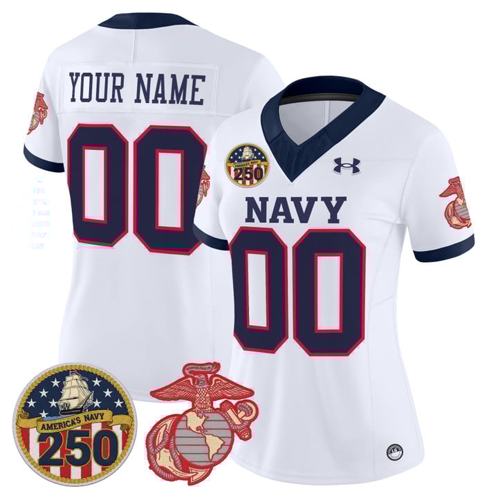Women's Navy Midshipmen Vapor USMC Premier Custom Stitched football Jersey - 250th Anniversary Patch - White