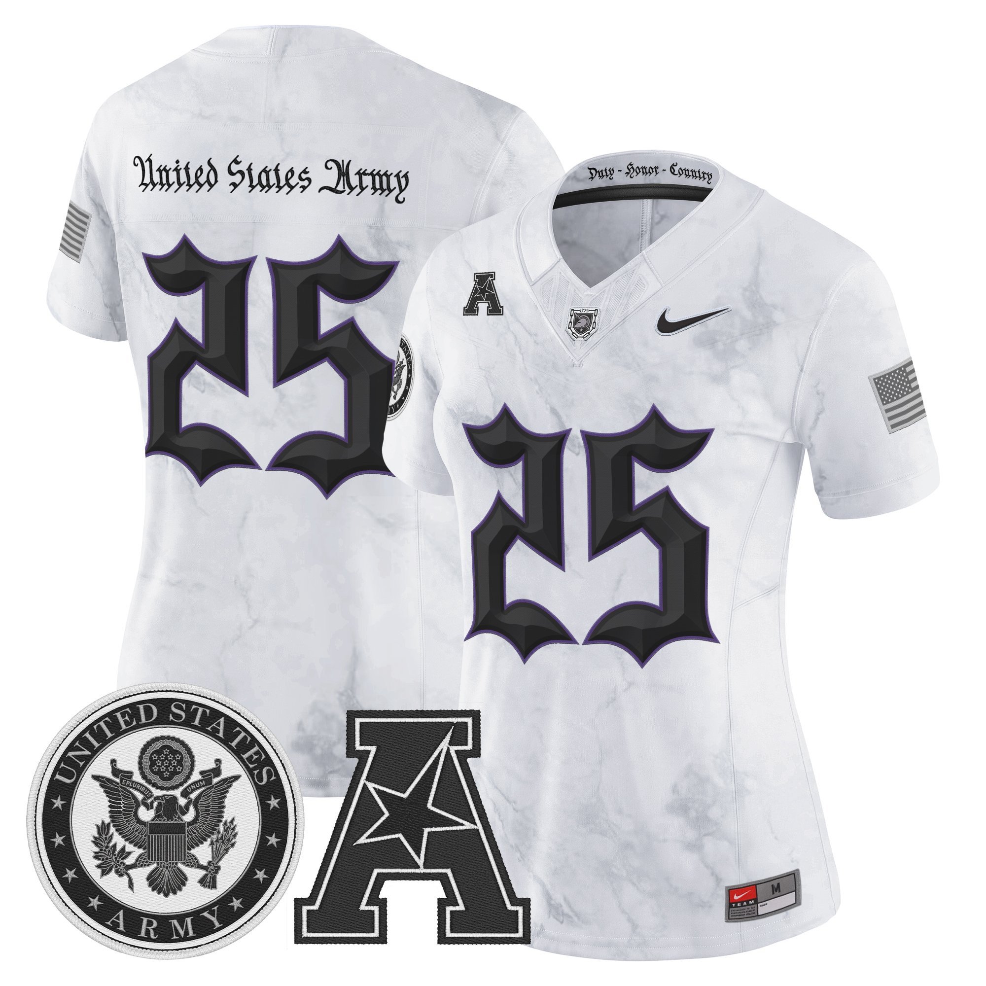 Women's Army Black Knights #25 United States Army Honoring 250 Years Of Service And Sacrifice Vapor Limited Stitched football Jersey - White